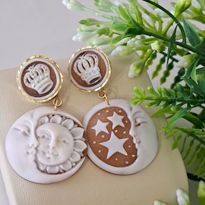 Sun and Moon Cameo Earrings and Crown Cameo in Sardonyx Shell, 925 Silver Gold Plated Earrings, Italian Jewelry