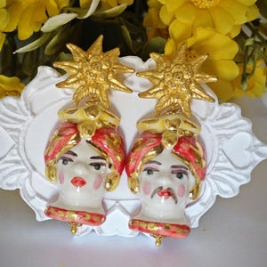 Moorse hoofd oorbellen Caltagirone keramiek, bloemen oorbellen, Siciliaanse oorbellen, maxi oorbellen