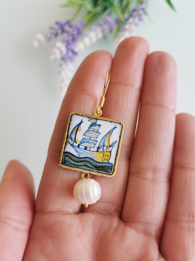 Sicilian earrings Caltagirone ceramic earrings white and silver pearls
