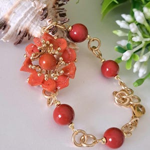 Natural Mediterranean coral flower bracelet and imitation red coral paste pearls, Italian jewelry