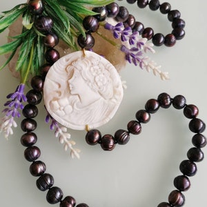 Sardonyx shell cameo necklace, natural grey pearls, Italian jewelry