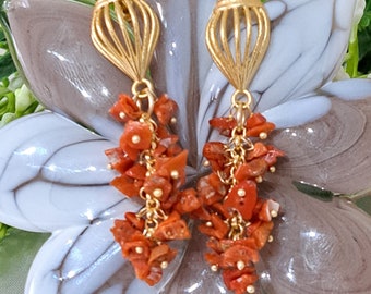 Mediterranean red coral cluster earrings with brass shells, dangling earrings