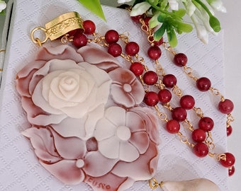 Cameo necklace with flowers and white baroque pearl, red bamboo coral rosary necklace, Italian jewellery