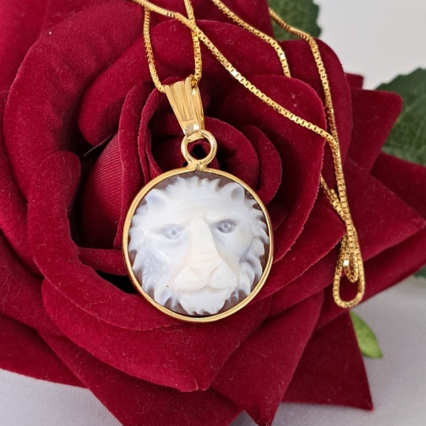 Lion cameo necklace in sardonic shell and gold-plated 925 silver, Italian jewels