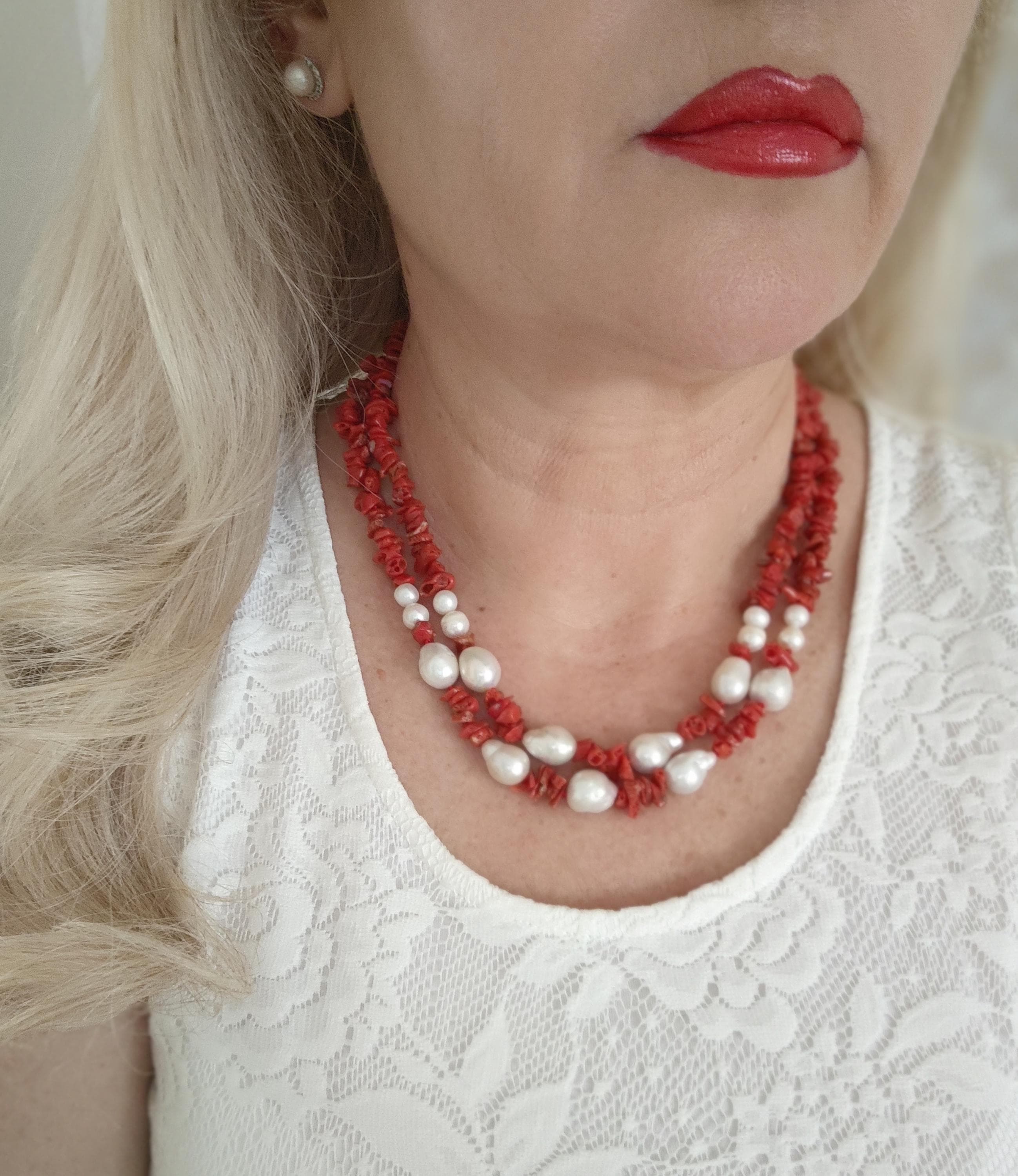 Collier Ancien Perles De Corail Rouge Et Argent 925 - Bijou Vintage, Bon état D'usage