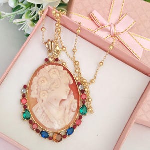 Shell cameo necklace, semiprecious stones and 925 gold plated silver, Italian jewelry, cameo necklace