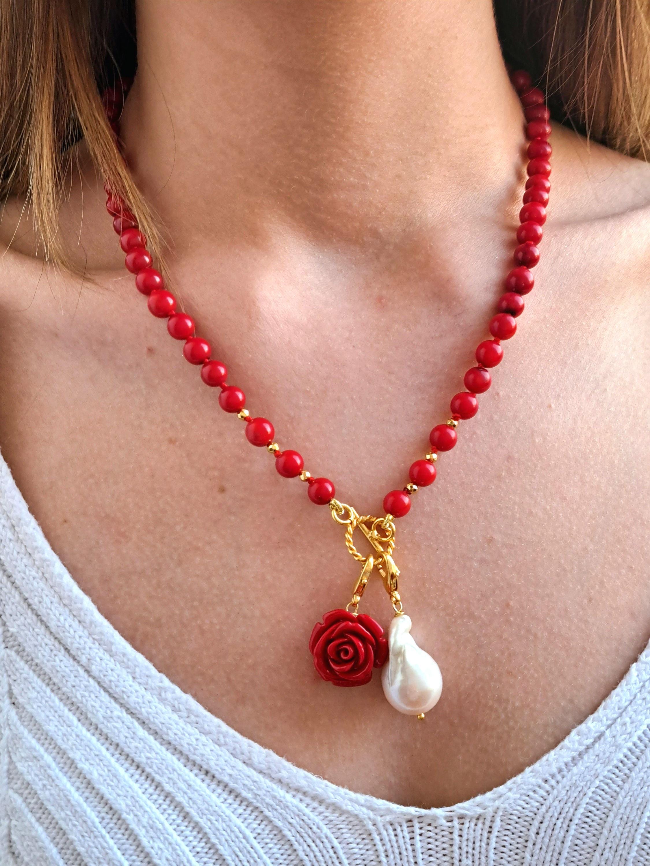 Red Coral Necklace With White and Pink Baroque Pearl Pendant