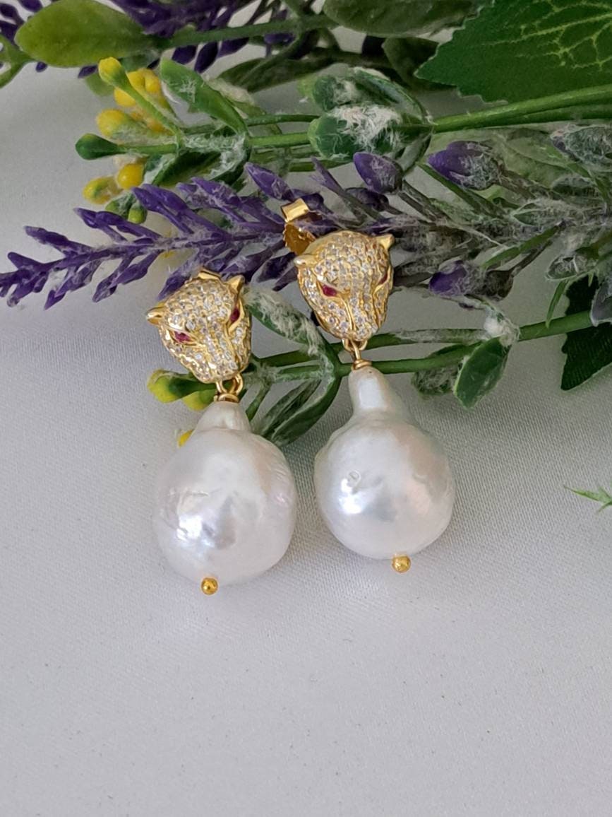 White and Silver Baroque Pearl Earrings With Zircons Italian - Etsy