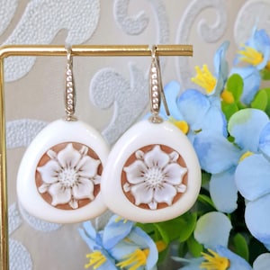 Sardonyx shell cameo earrings, white agate and zirconia, 925 silver earrings, Italian jewelry