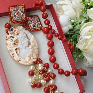 Sardonic shell cameo necklace, Caltagirone ceramic tiles and red coral paste beads, Italian jewelry
