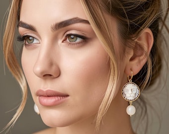 Sardonic shell and white baroque pearl cameo earrings, Leo earrings, 925 silver earrings, Italian jewelry