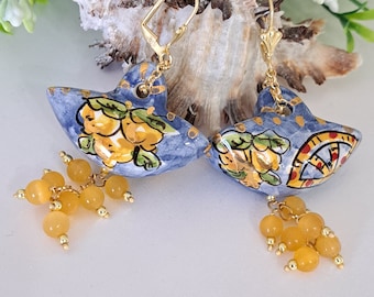 Caltagirone ceramic handbag earrings, yellow quartz earrings, Sicilian earrings