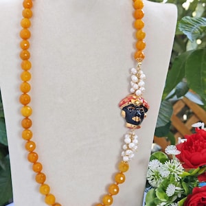 Caltagirone ceramic Moor&#39;s head necklace, yellow agate hard stone necklace, Sicilian necklace