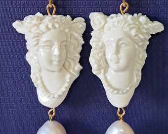 White coral cameo earrings and white baroque pearls, 925 silver earrings, Italian jewelry