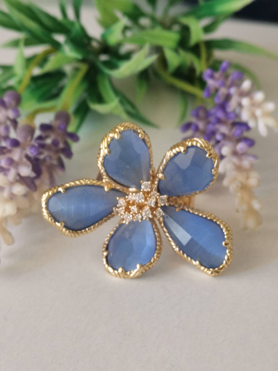 Blue Cat's Eye Quartz Maxi Flower Ring and Zircons Etsy