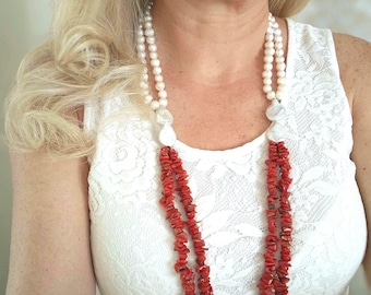 Red Coral and White Baroque Pearl Necklace, Italian Jewelry