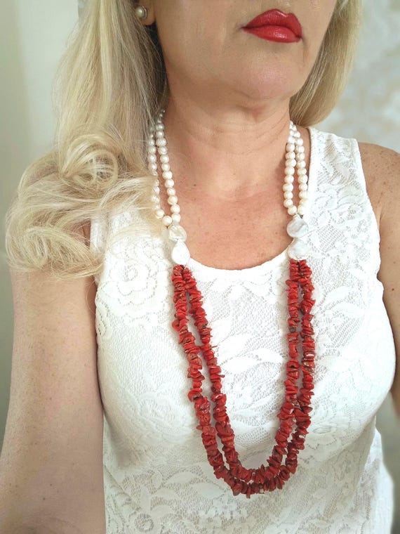 Collana lunga donna argento dorato corallo rosso perla| Made in Italy