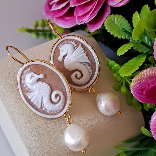 Sardonic shell cameo earrings and white baroque pearls, seahorse earrings, 925 silver earrings, Italian jewelry