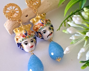 Caltagirone ceramic earrings, blue angelite drop stones, Sicilian dark brown earrings