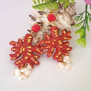 Caltagirone ceramic coral and white pearl earrings, Sicilian earrings
