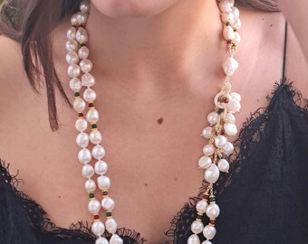 White baroque pearl necklace with semiprecious stones, two-strand necklace, Italian jewelry