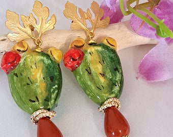 Caltagirone ceramic earrings with red coral drops, cactus earrings, Sicilian earrings