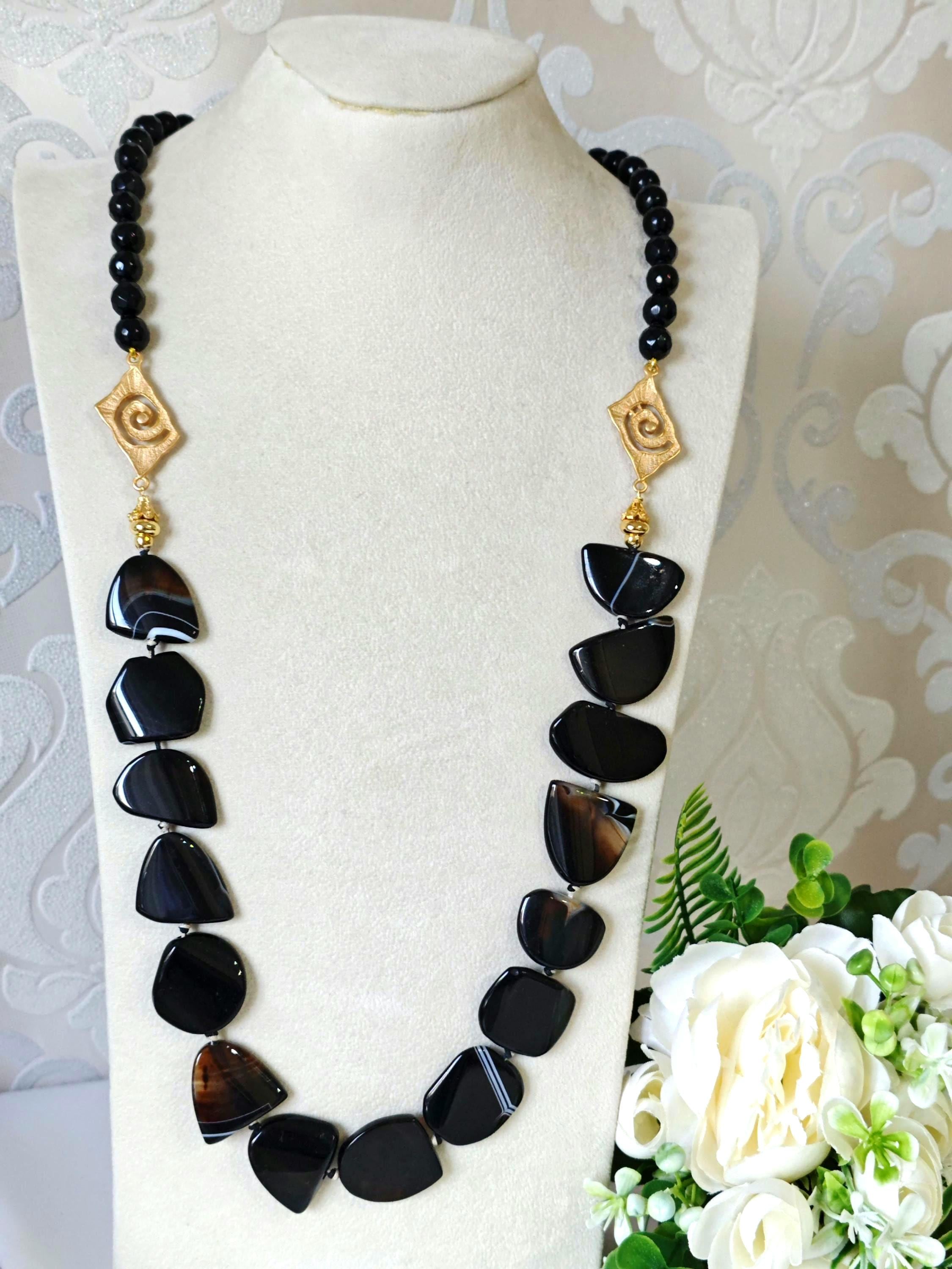 Collana lunga etnica pietre dure onice agata e perle ovali legno bo... | su MissHobby