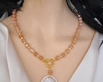 Sardonyx shell cameo necklace, moonstone choker necklace, Italian jewelry