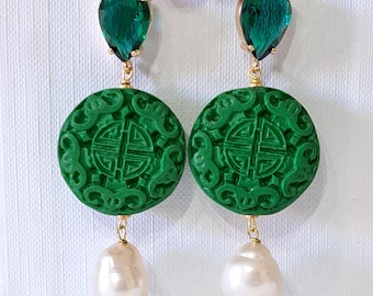 White baroque pearl and green cinnabar earrings, dangling earrings