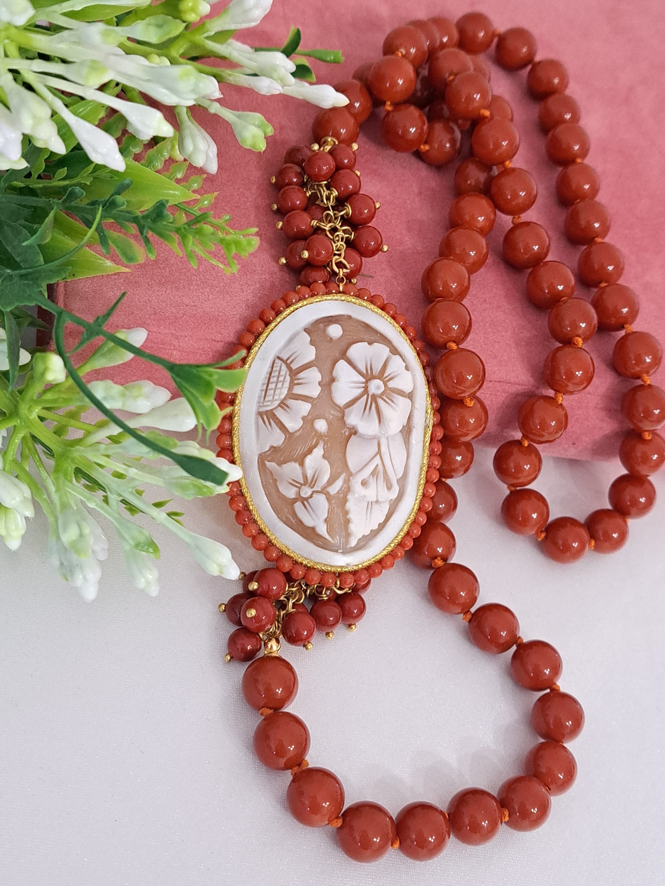 Shell cameo necklace, red pearl necklace, Italian jewelry