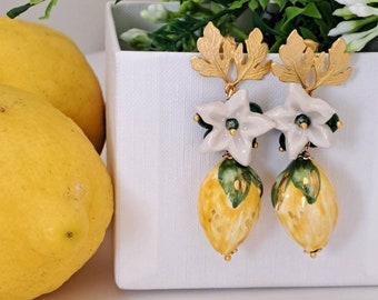 Caltagirone ceramic lemon earrings and white flowers, Sicilian earrings