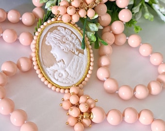 Sardonyx shell cameo necklace with pink coral paste pearls, Italian jewelry