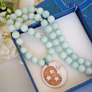 Sardonyx shell cameo necklace with light blue jade hard stones, Italian jewelry