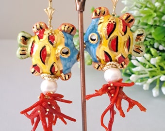 Earrings with Caltagirone ceramic fish, natural red coral and white pearls, Sicilian earrings