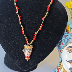 Moor&#39;s head pendant necklace in Caltagirone ceramic and crystals, Sicilian rosary necklace