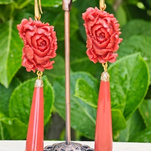 Red coral paste rose earrings, coral drop earrings, 925 silver earrings, Italian jewelry