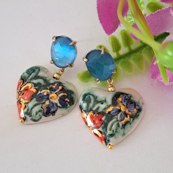 Caltagirone ceramic heart earrings, quartz earrings, Sicilian earrings