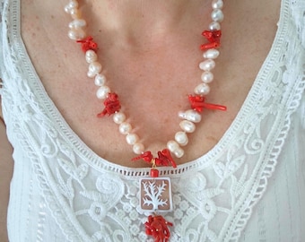 Collier En Argent 925 Avec Camée Sardonique, Perles Et Zircons - Longueur 47 Cm - Neuf Avec étiquettes