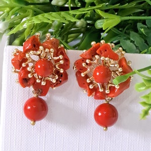 Mediterranean red coral earrings and coral paste pearls, Italian jewelry