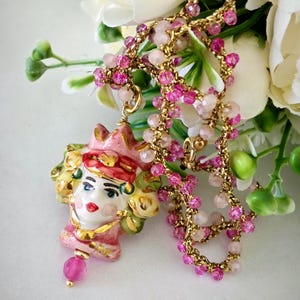 Moor&#39;s head pendant necklace in Caltagirone ceramic and crystals, Sicilian rosary necklace
