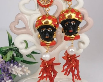 Caltagirone ceramic and coral earrings, Sicilian earrings