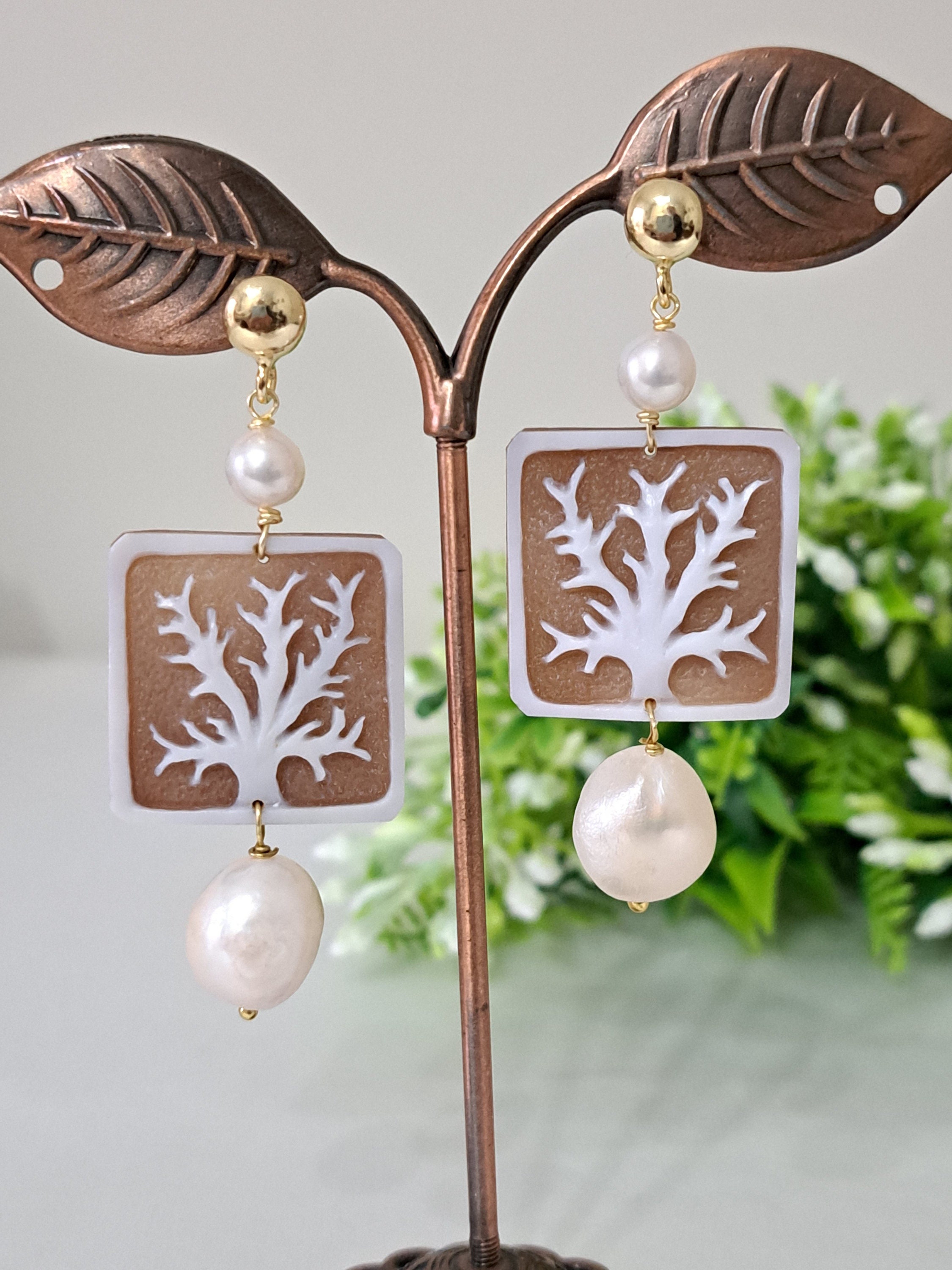 Boucles D'Oreilles En Argent 925 – Camées Sardoniques Vague Marine – Neuf Avec Étiquettes