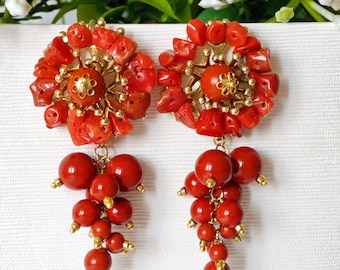 Mediterranean red coral earrings and red coral paste pearls, flower earrings, pendant earrings