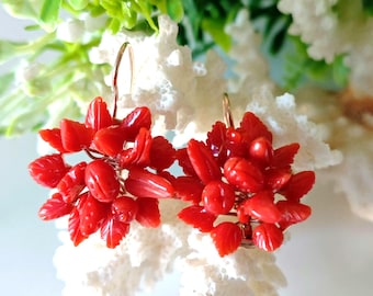 Natural Mediterranean red coral earrings carved in 925 silver, Italian jewelry
