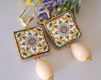 Caltagirone ceramic earrings with imitation ivory pearls, Sicilian earrings