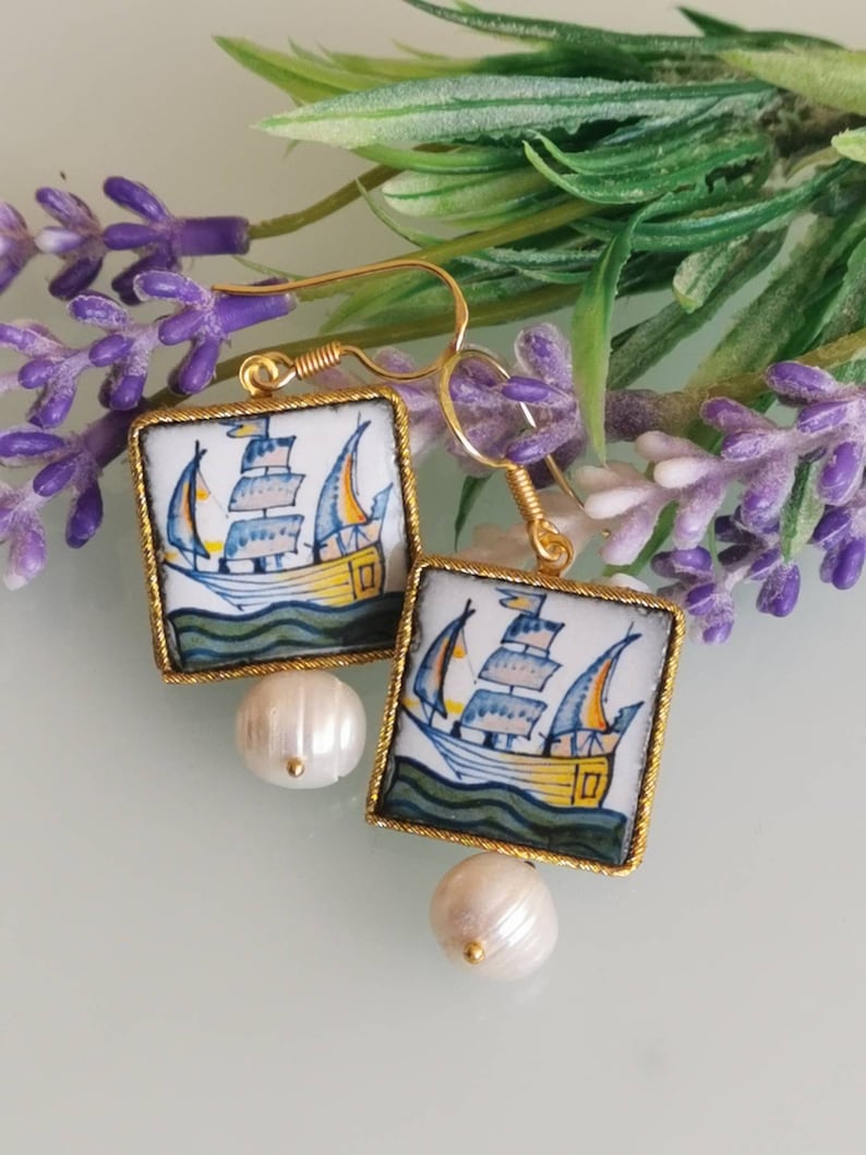 Sicilian earrings Caltagirone ceramic earrings white and silver pearls