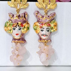 Moor's head earrings Caltagirone ceramic and semiprecious stones rose quartz, Sicilian earrings