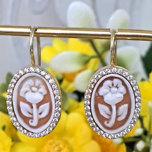 Sardonyx shell and zirconia cameo earrings, silver earrings, Italian jewelry