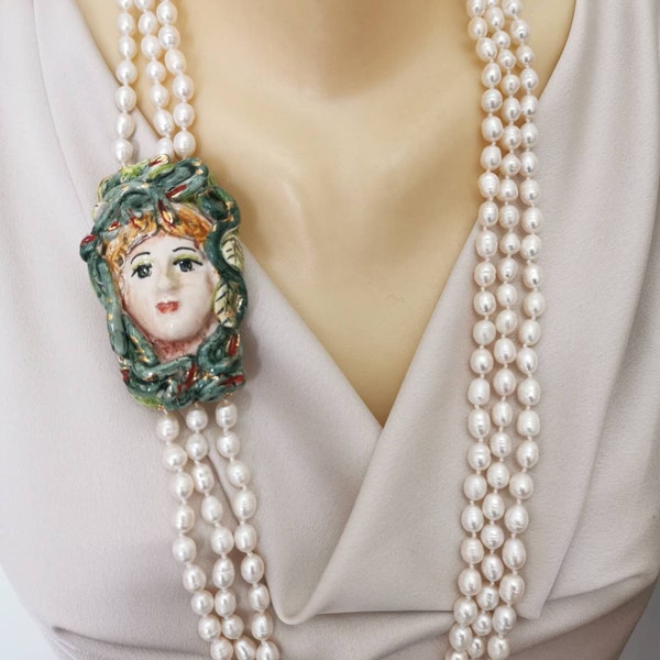 Collana ceramica Caltagirone, con perle bianche, collana 3 fili, collana siciliana