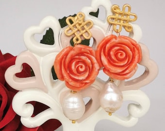 Imitation pink coral rose earrings and white baroque pearls